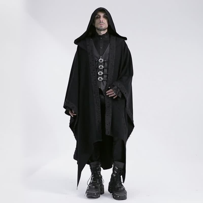 德魯伊巫師儀式連帽長袍外套 - 絲絨 / 棉麻 / 寬鬆版型 - 男夾克/外套 - 其他材質 黑色