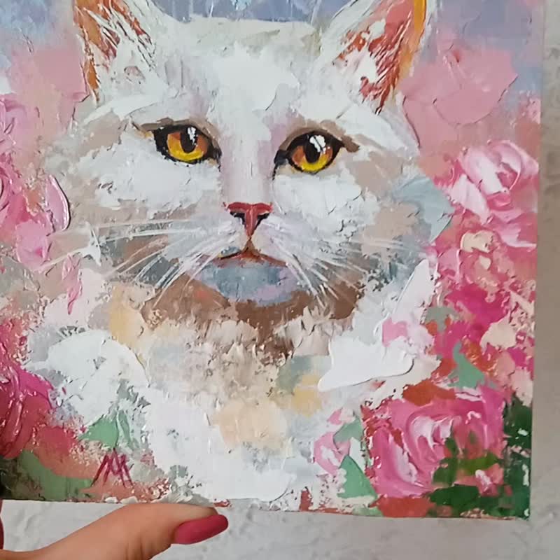 Cat painting Original art Oil painting Pet portrait painting 20*20cm - Posters - Other Materials Pink