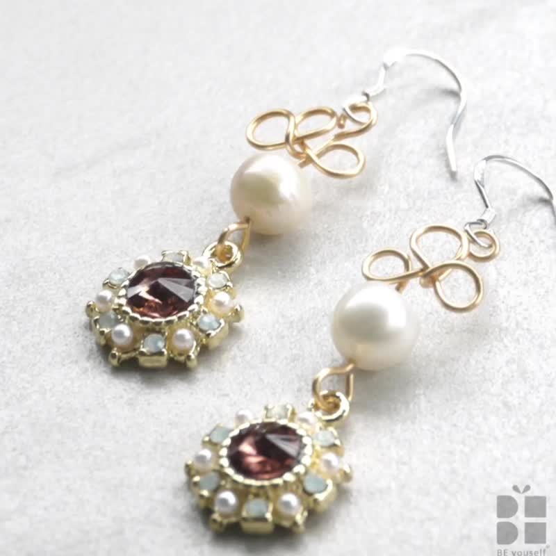 【BE yourself】Pearl Flower Language|Freshwater Pearl Earrings|Artistic Metal Wire|Red Stone - Earrings & Clip-ons - Copper & Brass 