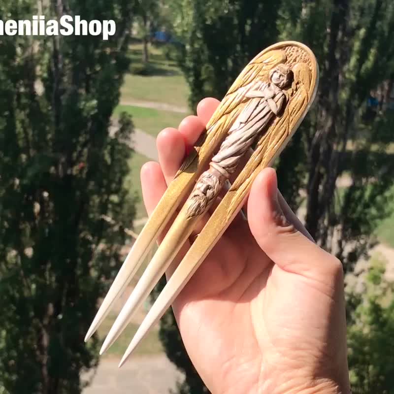 Wood carved hair comb Gold Angel, Wooden hair 2-prong fork - เครื่องประดับผม - ไม้ สีทอง