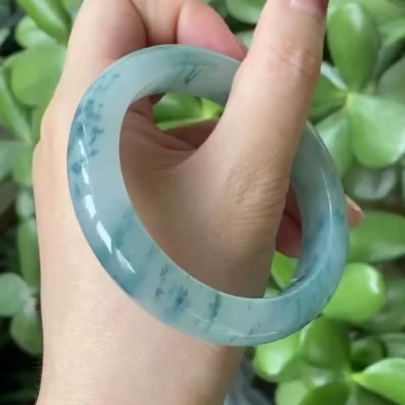 冰種翡翠天然翡翠玉鐲A玉手鐲 玉鈪 • 冰種天空藍飄花翡翠福鐲 - 手鍊/手環 - 玉石 藍色