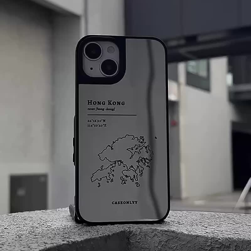 [Hong Kong hand-drawn map series] Upgraded black frame anti-collision mirror mobile phone protective case - Phone Cases - Plastic Black