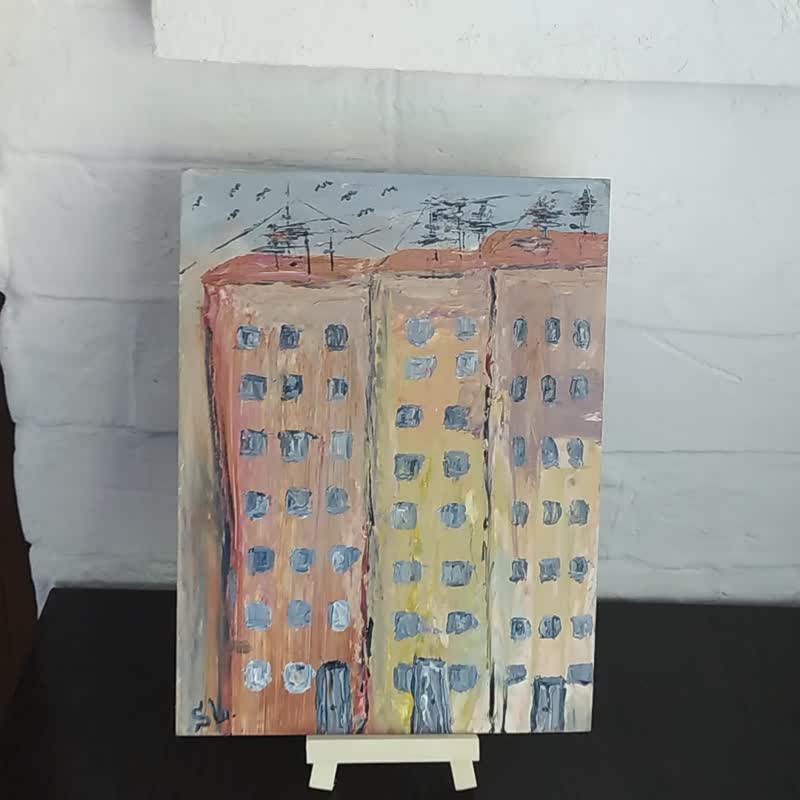 city original art urban high-rise buildings hand-painted oil painting wall art - โปสเตอร์ - วัสดุอื่นๆ หลากหลายสี