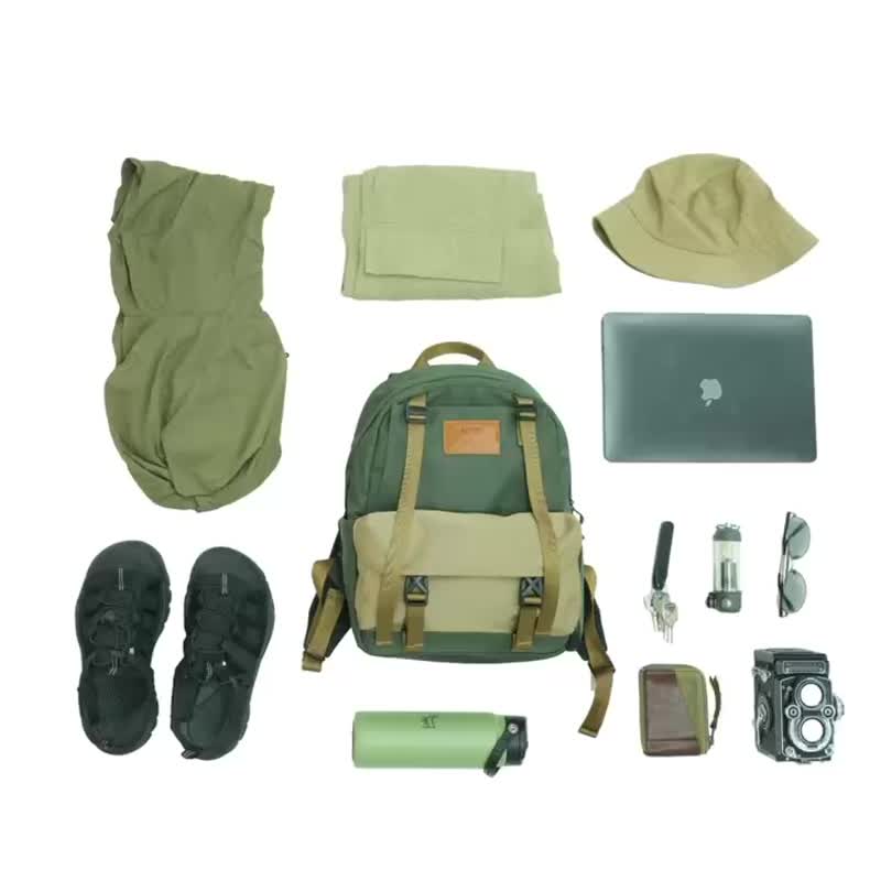 Environmental Recycled Water Repellent Fabric Outdoor Travel Backpack 13 Inch Laptop Bag Storage Shoe Bag Army Green - กระเป๋าเป้สะพายหลัง - ไนลอน สีเขียว