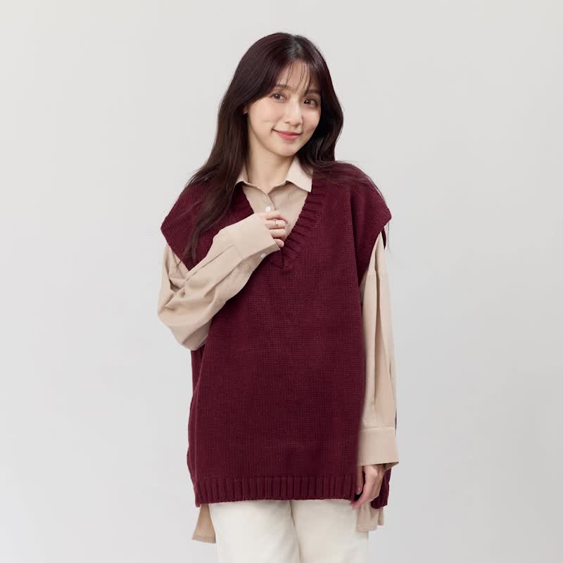 Denise V領小岔寬版織毛衣背心(四色) - 女毛衣/針織衫 - 其他人造纖維 紅色
