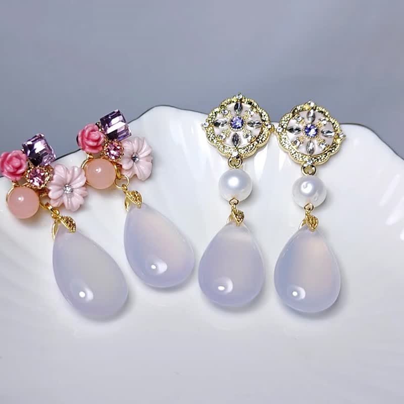 Top-quality white jade with purple water drop pearls, bright red, purple and purple gas from the East, rich and noble earrings - ต่างหู - เครื่องเพชรพลอย สีม่วง