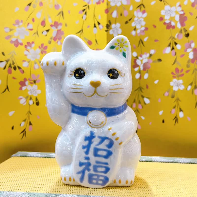 【雪喵招祥】日本清水燒招財貓 | 花結晶 白 - 招福 右 - 擺飾/家飾品 - 瓷 白色