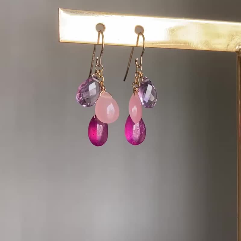 14KGF 粉色三種寶石 迷你流蘇耳環 / 耳夾 - 耳環/耳夾 - 寶石 粉紅色