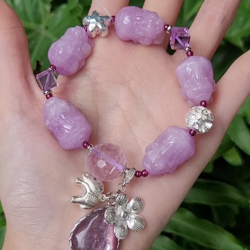 貓眼紫鋰輝 獬豸 正氣 紫鋰雲母 紅石榴 紫水晶 手鍊 單品 禮物 - 手鍊/手環 - 寶石 紫色