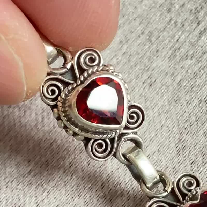 天然 心型 石榴石 手鍊 尼泊爾 手工製 925純銀 - 手鍊/手環 - 半寶石 紅色