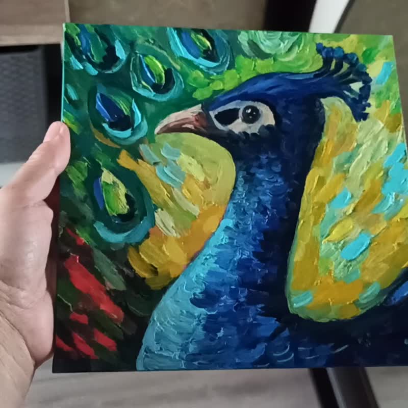 Peacock Oil Painting on Canvas Board 20x20cm Bird Original Art Small Wall Art - 海報/掛畫/掛布 - 其他材質 