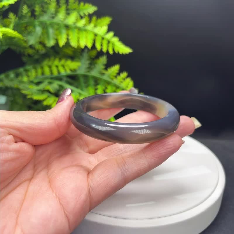 精品 深灰色瑪瑙手镯 52MM 冰潤天眼水墨畫風 玉髓手環 脈輪共鳴 - 手鍊/手環 - 半寶石 灰色