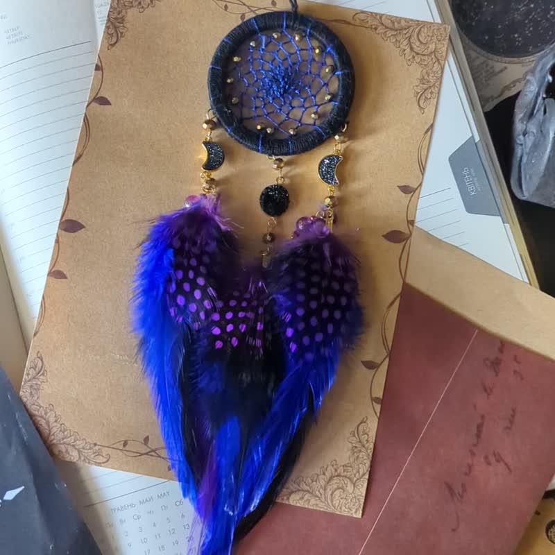 Triple Moon Dreamcatcher Black Purple Blue Feather | Car Rear View Mirror Charm - 壁貼/牆壁裝飾 - 繡線 黑色