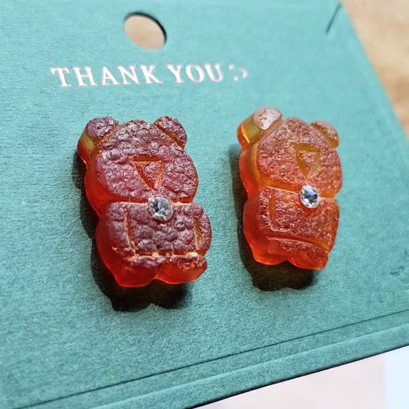 (憨憨熊上耳) 琥珀蜜蠟原礦原石 雙面留皮不規整 超憨 耳釘耳環 - 耳環/耳夾/耳骨夾 - 純銀 橘色
