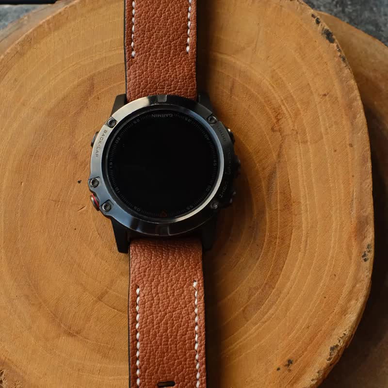 Garmin Quick Fit Strap, Brown CHEVRE Leather White Stitching, Handmade - 錶帶 - 真皮 咖啡色