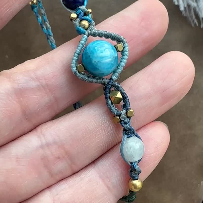 BB87 ethnic style Wax thread woven Stone lapis lazuli Bronze bead bracelet (adjustable length) - Bracelets - Gemstone Blue