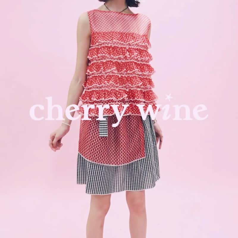 cherrywine Red waves red wave top red plaid mesh loose retro girl style - เสื้อผู้หญิง - เส้นใยสังเคราะห์ สีแดง