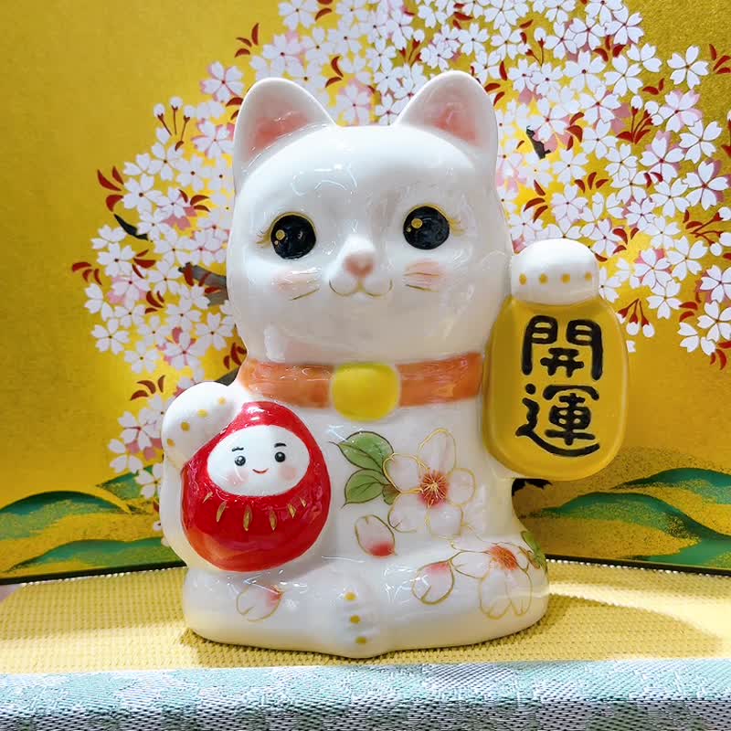 【櫻彩開運】日本清水燒招財貓 | 達摩 - 色繪櫻 - 擺飾/家飾品 - 瓷 白色