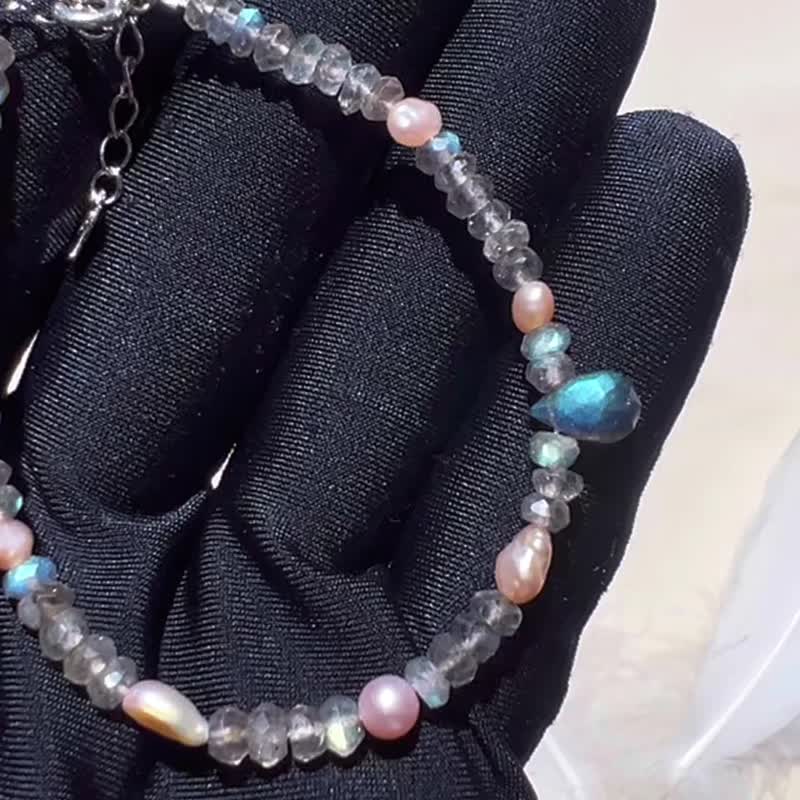 Handmade pure silver elongated stone powder gold pearl bracelet - Bracelets - Gemstone Multicolor