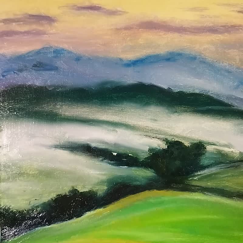 Painting misty morning landscape wall decoration green field artwork - Wall Décor - Paper Green