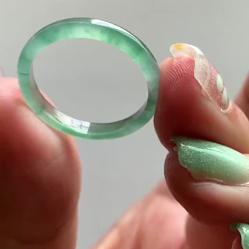 冰種翡翠 天然翡翠 A玉 班指披指指環 • 冰種藍綠翡翠戒指 - 戒指 - 玉石 綠色