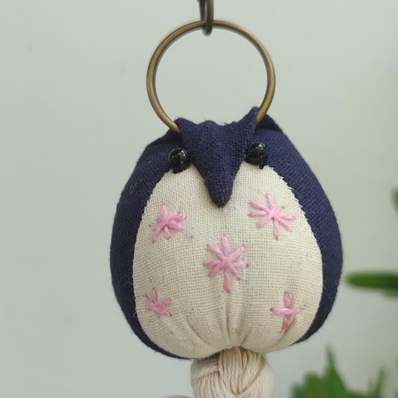 Owl Bag Charm - Handmade White Tassel - Keychains - Cotton & Hemp Blue