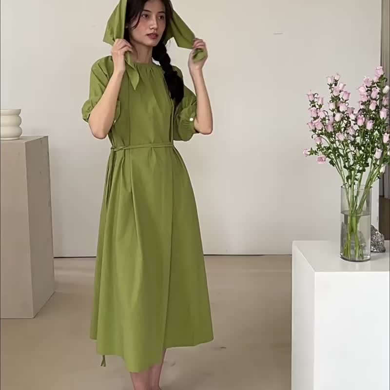 Bud green three-color style connection imported cotton two-wear shirt-style dress retro lantern sleeve loose dress - One Piece Dresses - Cotton & Hemp Green