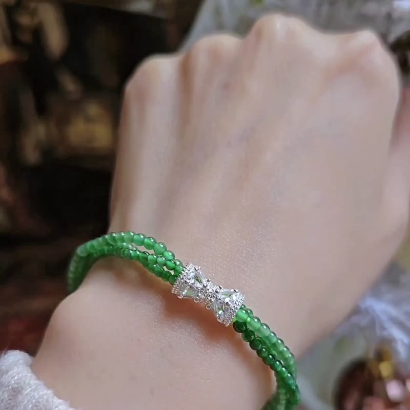 Noble|High ice glass green three-layer twisted millet bead string|A grade jadeite 14k gold-filled bracelet - Bracelets - Jade 