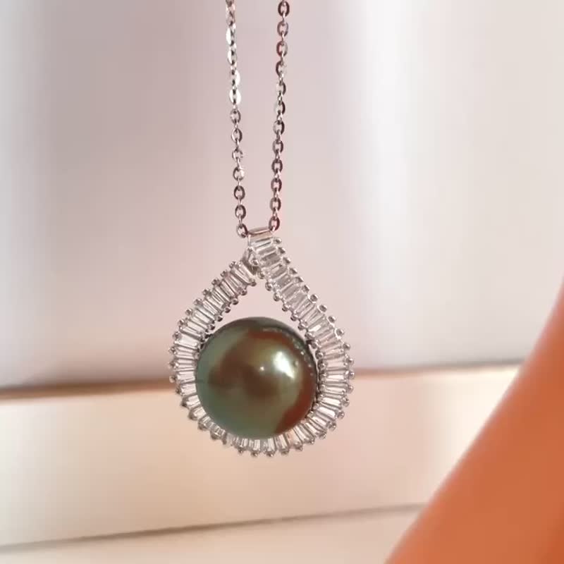 天然海水珍珠 大溪地黑珍珠 純銀吊墜 贈項鏈 - 項鍊 - 珍珠 綠色