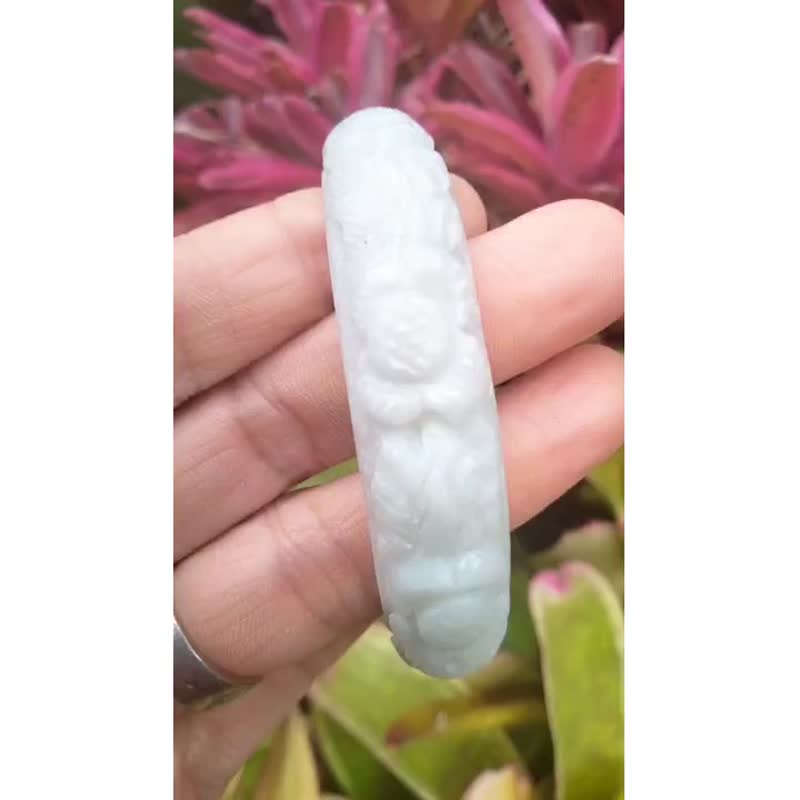 Burmese Jade Bangle Carved Flower White Natural Jadeite Bracelet Inner 58 mm - Bracelets - Jade White