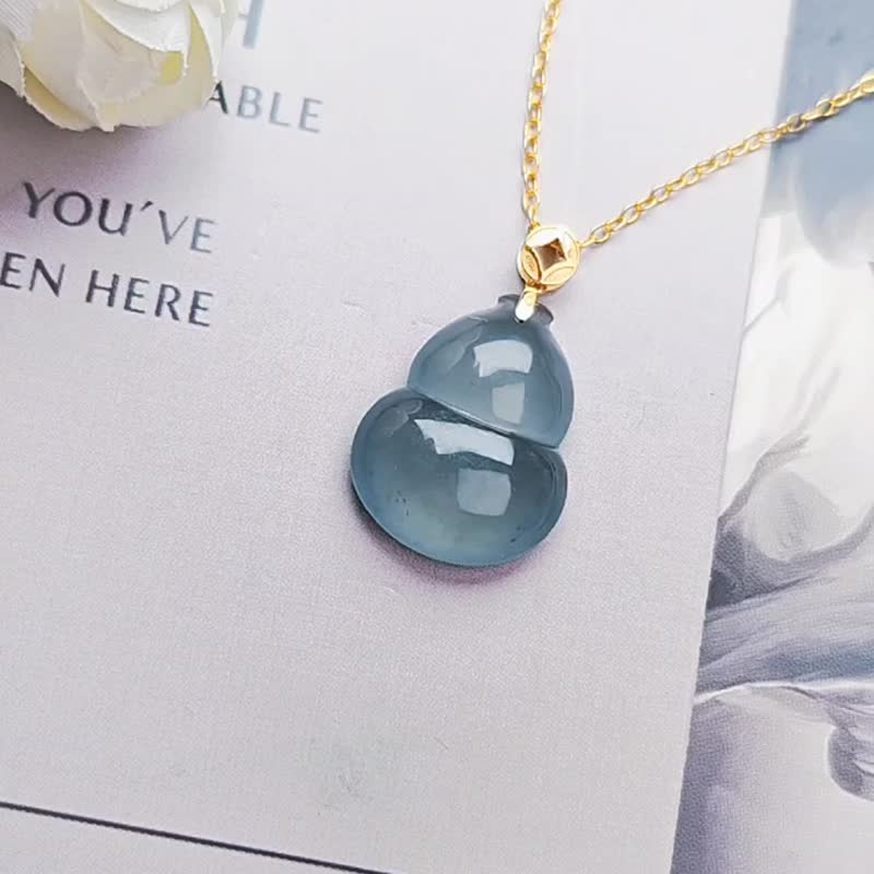 Blessed and rich | Pure 18k gold ice glass blue steel | Grade A jadeite large gourd copper coin unisex pendant necklace - Necklaces - Jade 