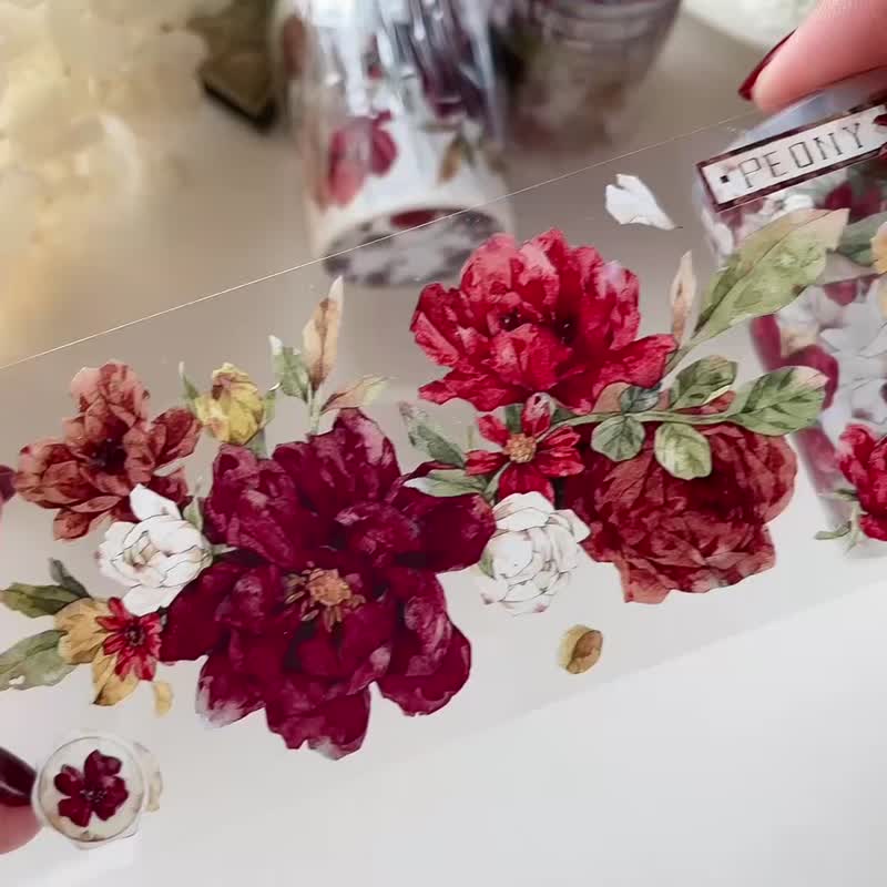 Vermillion Vintage Red Floral PET Washi Tape - มาสกิ้งเทป - วัสดุอื่นๆ สีแดง