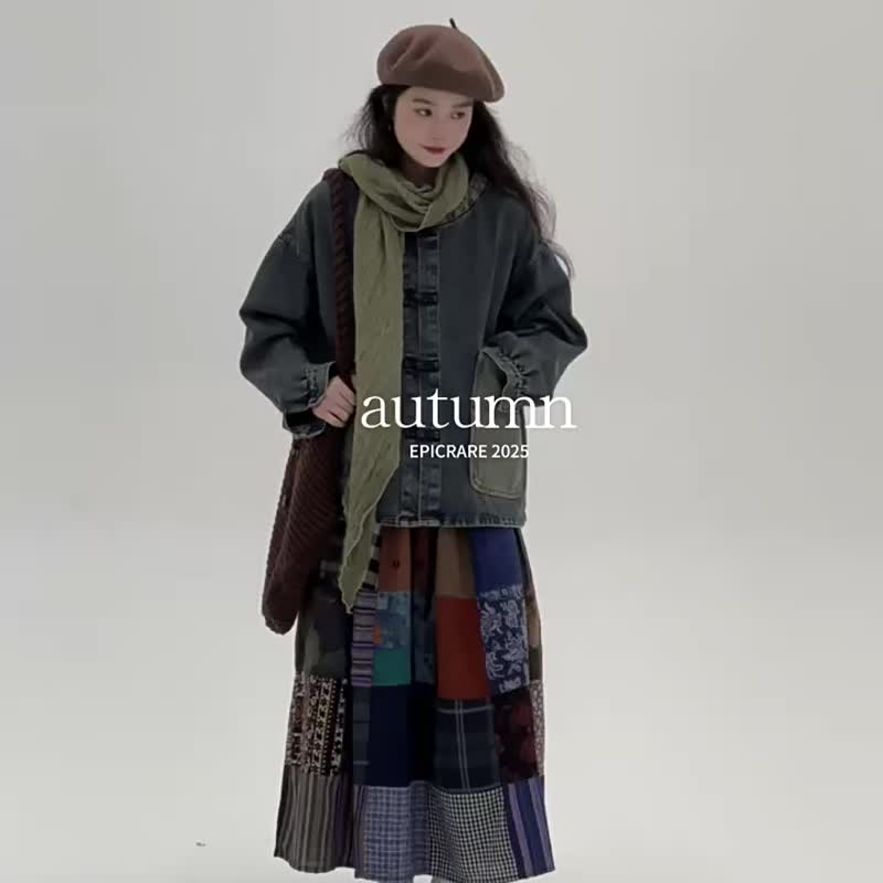 藍色 盤扣拼接牛仔外套 文藝復古拼接設計百搭開衫 - 女大衣/外套 - 棉．麻 藍色