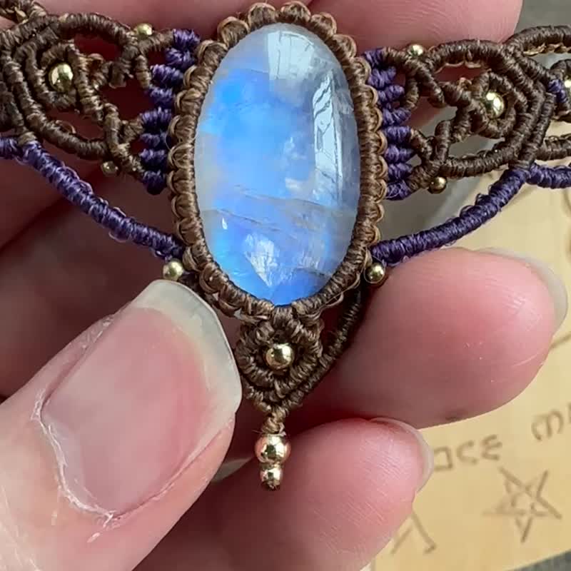 N1144 ワックスコード編み ムーンストーン ラブラドライト 真鍮ビーズ ネックレス（長さ調節可能） - ネックレス - 宝石 ブラウン