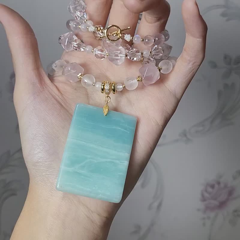 天河石 無飾牌 藍月光 粉晶 六字真言 白水晶 智慧靈性 項鍊 單品 - 項鍊 - 寶石 綠色