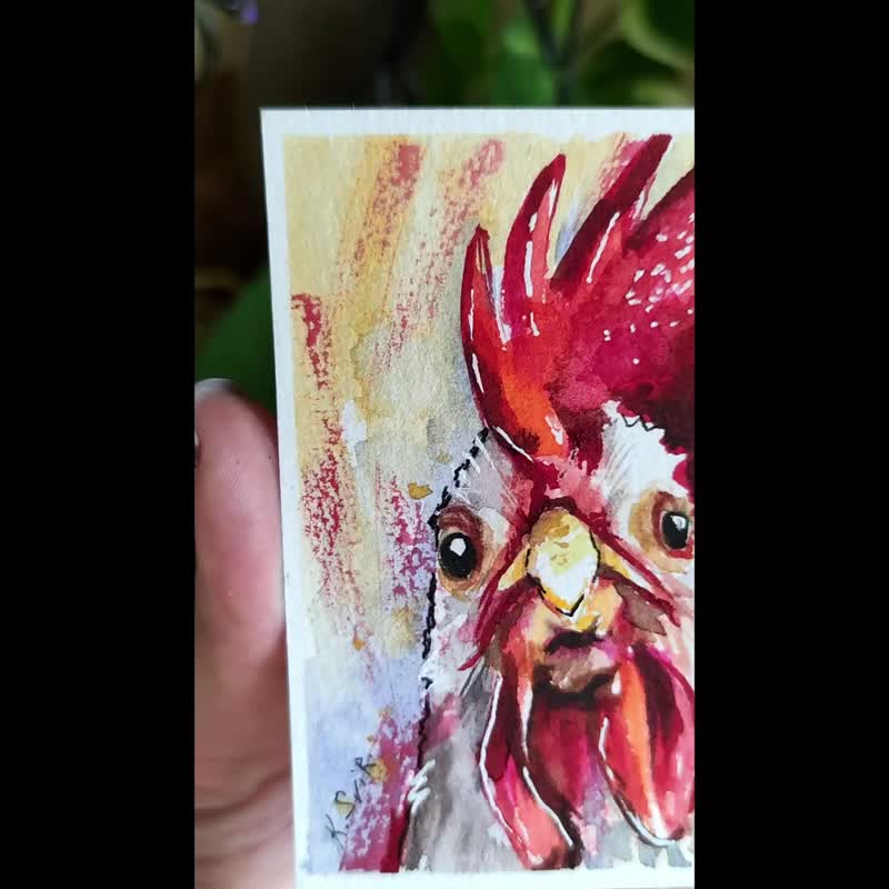 Rooster Painting Bird ACEO Original Watercolor Art Farm Animal Small Artwork - 海報/掛畫/掛布 - 紙 多色