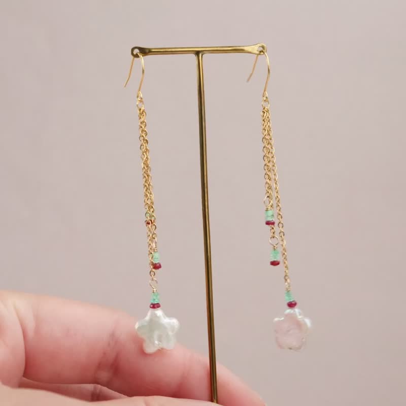 Ruby, emerald, freshwater pearl, long earrings , earring charms - Earrings & Clip-ons - Semi-Precious Stones Green