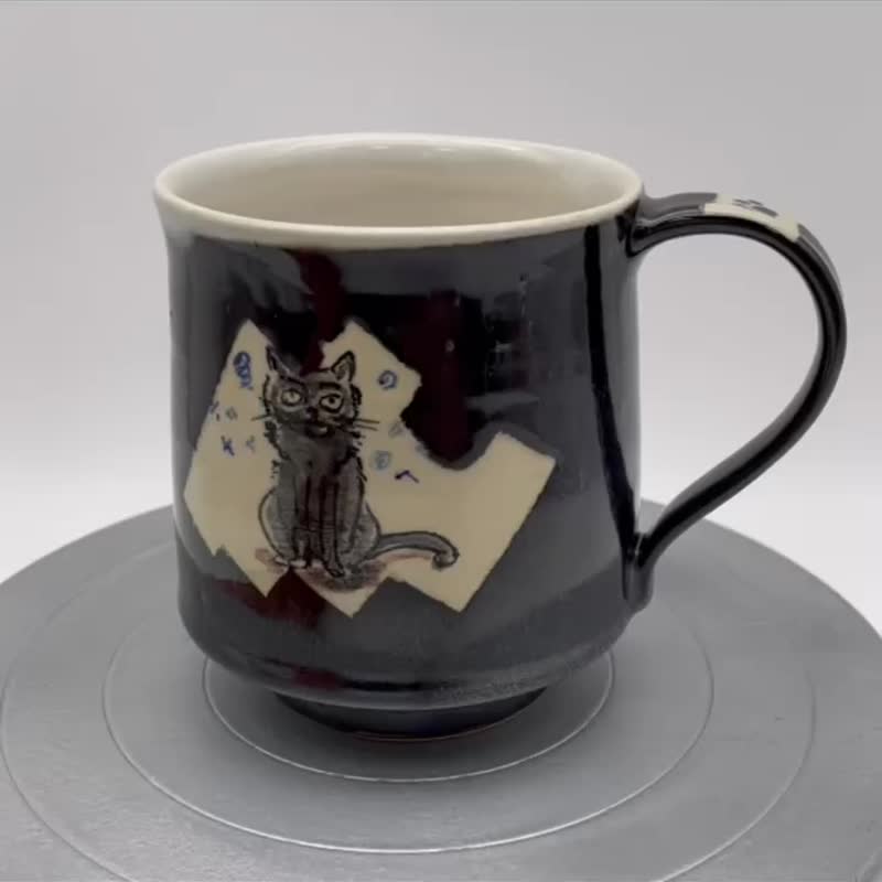 【陶佐陶 TAOZOTAO】Cat Mug -Black and White Glaze(Chaos Cat & Silent Cat) - แก้ว - เครื่องลายคราม สีดำ