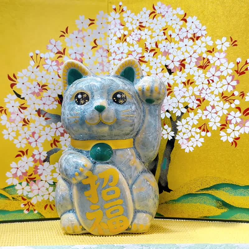 【瑞青招祥】日本清水燒招財貓 | 花結晶 灰青 - 招福 - 擺飾/家飾品 - 瓷 藍色