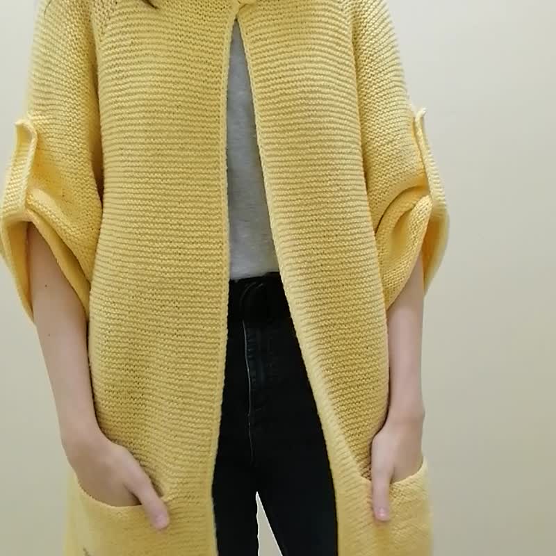 Cardigan Jacket Blazer Trench yellow hand-knitted wool with pockets - Women's Blazers & Trench Coats - Wool Yellow