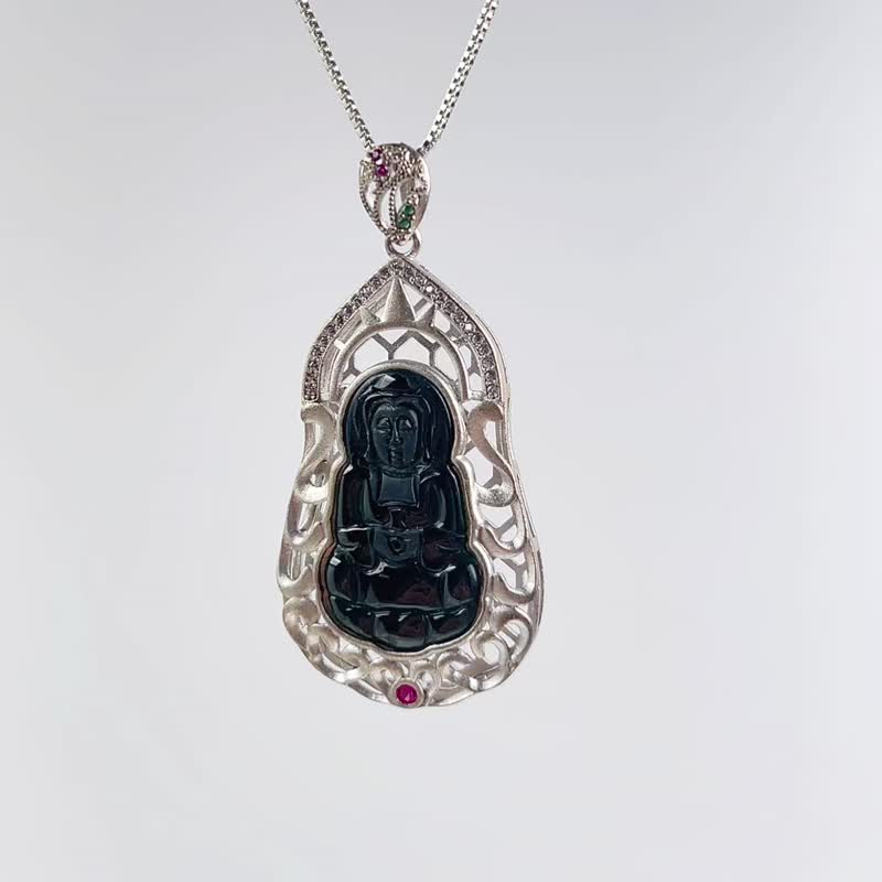 Ink Jade Guanyin Bodhisattva Necklace 925 Sterling Silver | Natural Burmese Jade A-grade | Gift - Necklaces - Jade Black