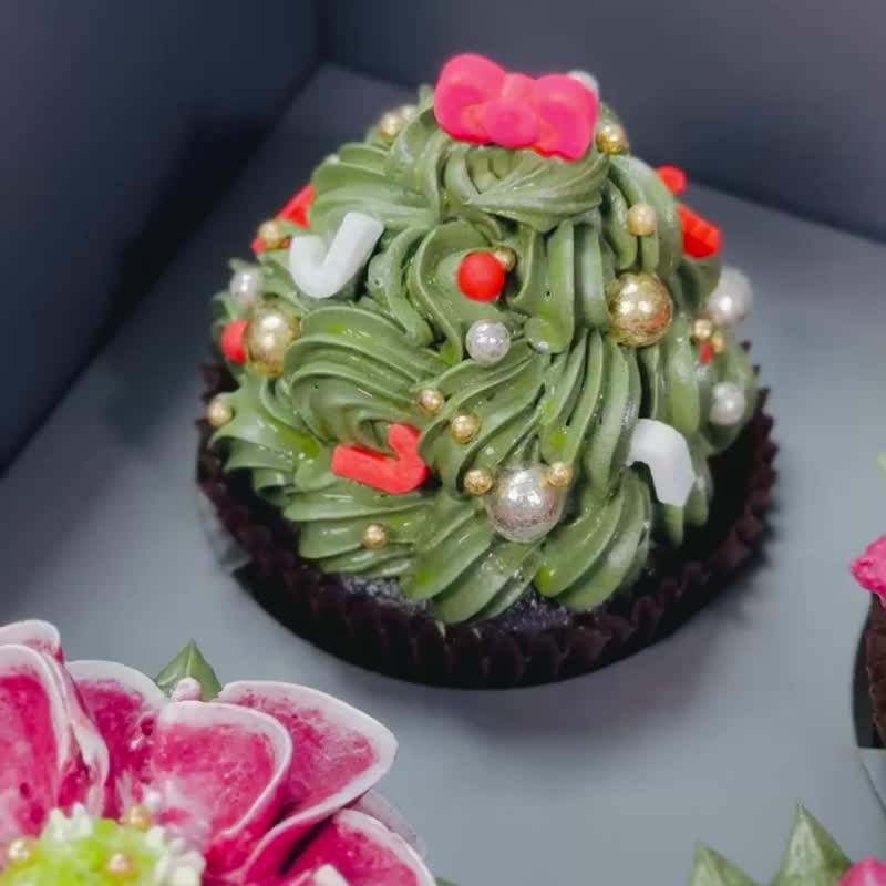 【聖誕禮盒】四入耶誕花園大杯子蛋糕禮盒/聖誕樹/玫瑰花/3天內 - 蛋糕/甜點 - 新鮮食材 紅色