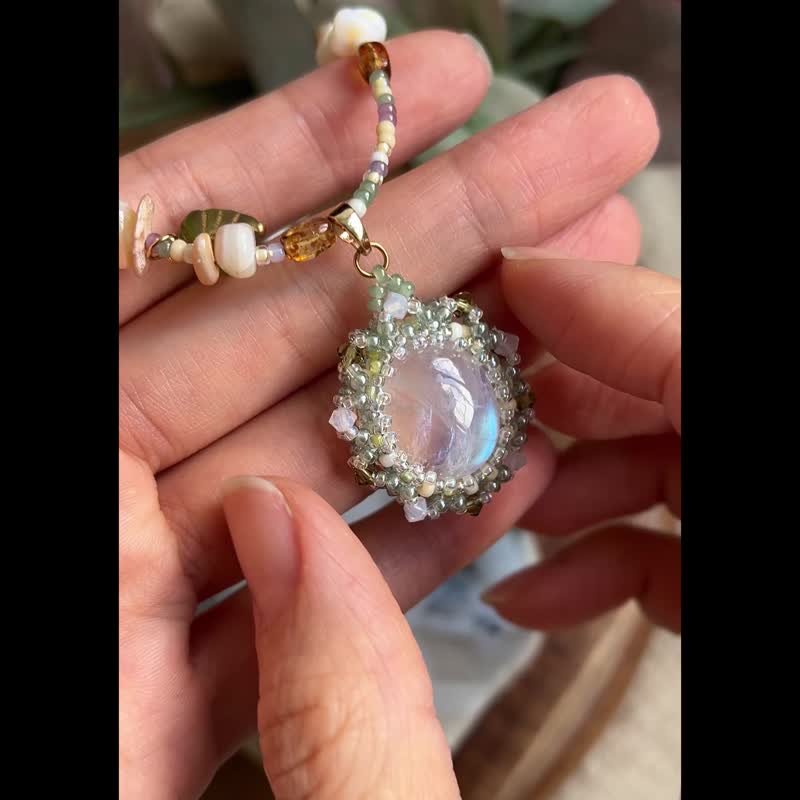 月亮石 玻璃米珠x天然石 串珠吊墜 配珠珠鏈 - 項鍊 - 水晶 綠色
