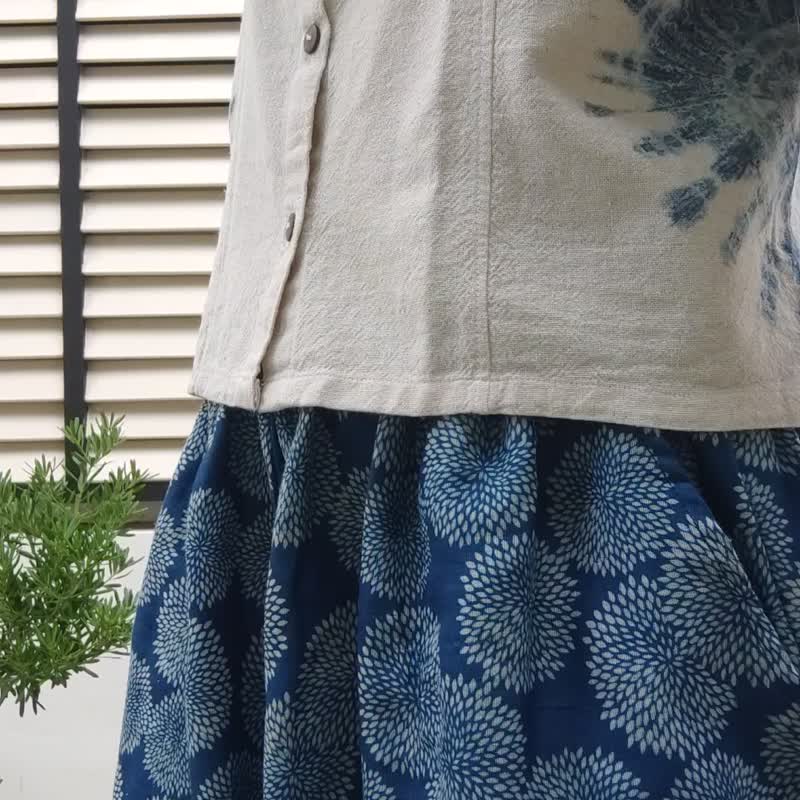 Printed Chrysanthemum Wide Leg Pants - 男長褲/休閒褲 - 棉．麻 藍色