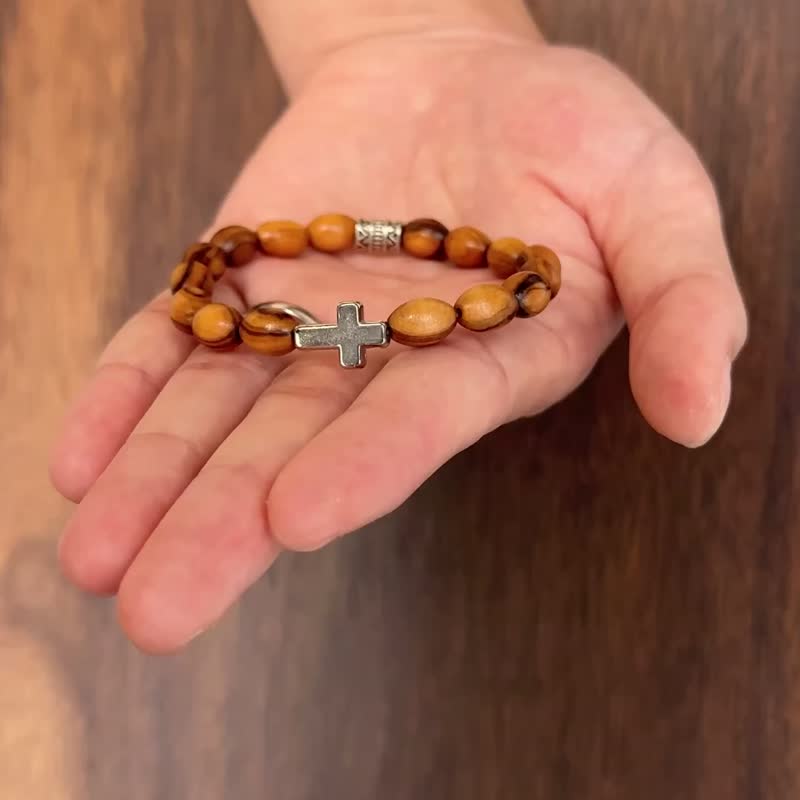 Bracelet imported 9mm oval olive wood beads with cross - สร้อยข้อมือ - ไม้ สีนำ้ตาล