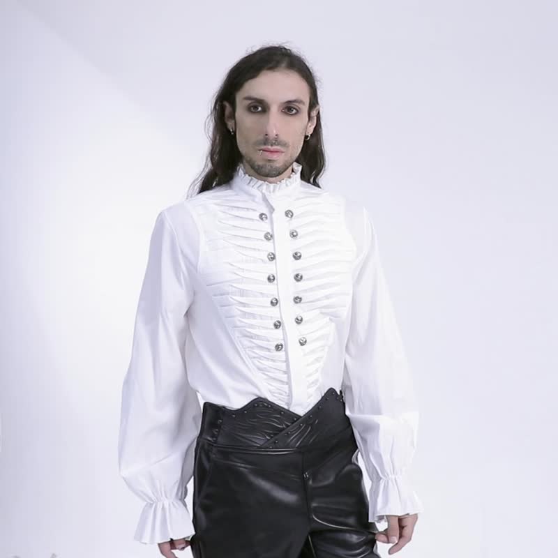 Gothic Mark of the Beast 3D Pleated Shirt - Black/White - เสื้อเชิ้ตผู้ชาย - วัสดุอื่นๆ ขาว