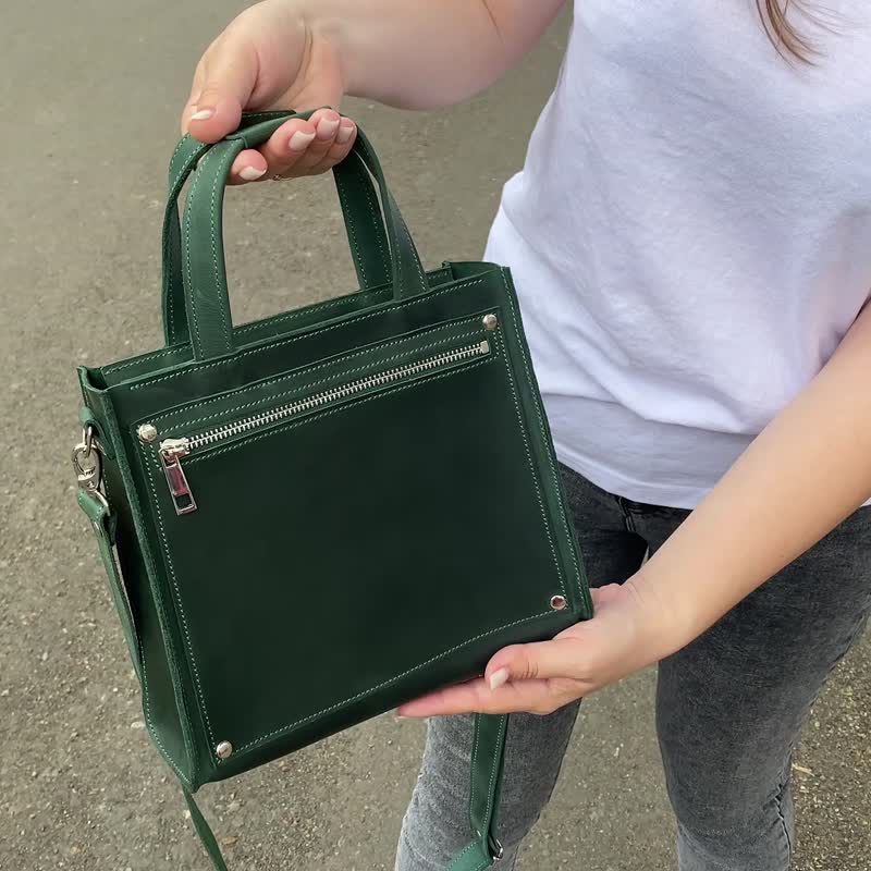 Leather Top Handle Bag With Shoulder Strap / Women's Every Day Handmade Bag - Handbags & Totes - Genuine Leather Green