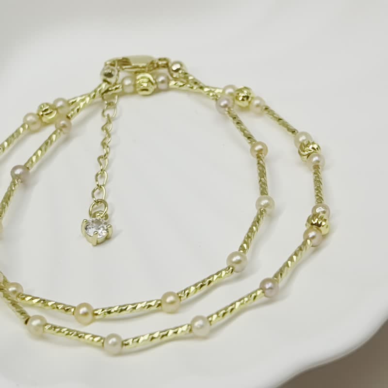 Natural freshwater pearl color-changing S925 Silver 14K gold-filled double-circle bracelet/necklace - สร้อยข้อมือ - ไข่มุก หลากหลายสี