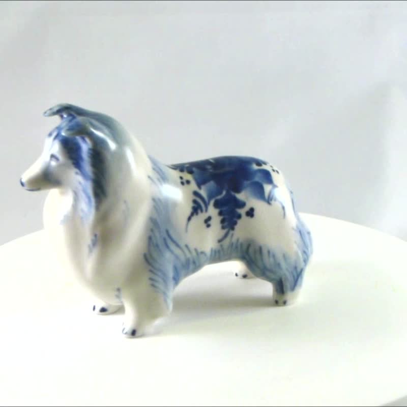Porcelain statuette Sheltie dog Shetland sheepdog Gzhel - Pottery & Ceramics - Porcelain Blue