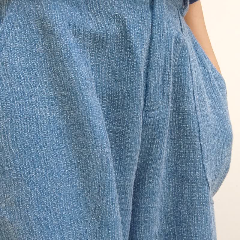 Rio Pants - 靛藍染石洗寬褲 - 女長褲 - 棉．麻 藍色